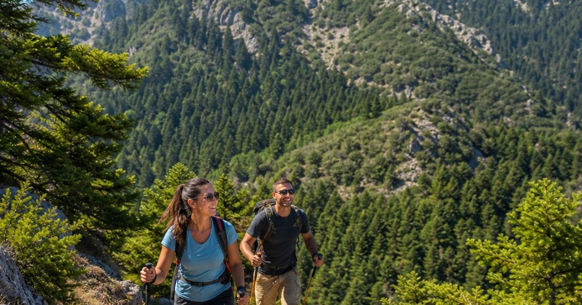Two hikers on the Menalon Trail above the fir forest, Arcadia