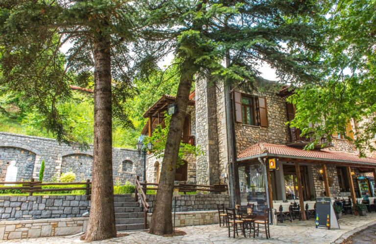Village kafeneio on a stone square under fir trees in the mountains of Arcadia